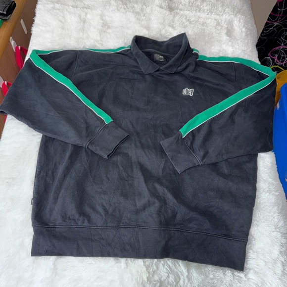 Obey Worldwide Mens Pullover Sweatshirt Green Trim Polo Collar - Picture 1 of 4